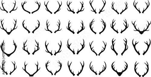 Deer antler silhouette collection, elk horn vector set, hunting and wildlife decoration design, rustic nature symbol illustration for logo and graphic art