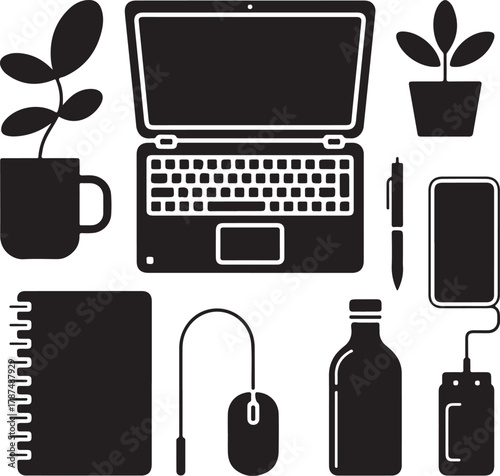 Vector Silhouettes of Open Laptop Mug Pen Plant Phone Notebook Mouse Bottle and Charger