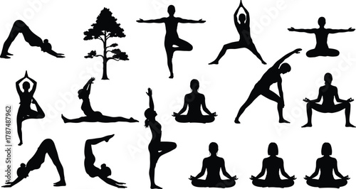 Yoga poses and meditation silhouette collection, woman practicing fitness, balance, and relaxation exercises, healthy lifestyle concept, spiritual wellness vector illustration