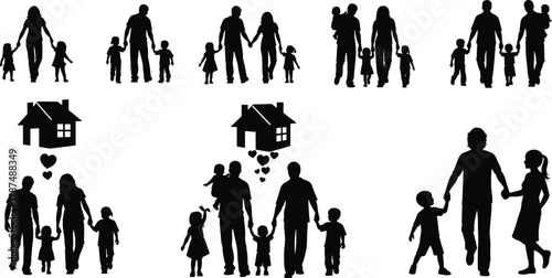 Silhouette family together collection, parents and children walking with love hearts and home symbols, family unity vector illustration, happy lifestyle concept design