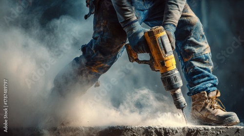 Taken from behind, a construction worker is drilling a concrete wall with a large, yellow hammer drill. The worker is wearing blue overalls and sturdy boots with buckles, a helmet