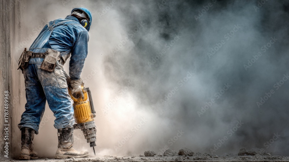 Fototapeta premium Taken from behind, a construction worker is drilling a concrete wall with a large, yellow hammer drill. The worker is wearing blue overalls and sturdy boots with buckles, a helmet