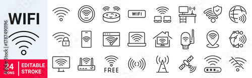 Signal, Router, Wireless, wifi, Network and Internet web line icons. Editable stroke. Vector illustration
