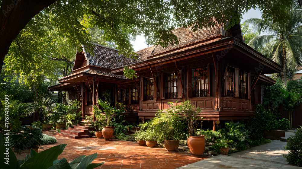 Fototapeta premium Traditional Thai Wooden House Surrounded by Lush Greenery and Tropical Plants in Serene Heritage Setting