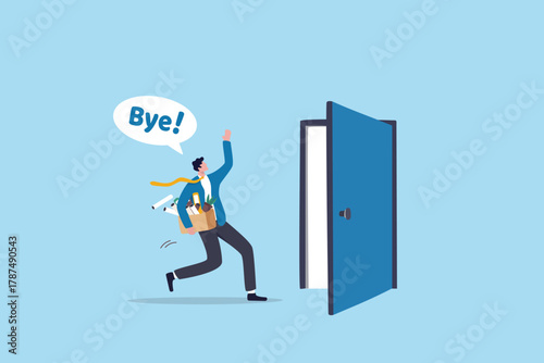Quit job leaving company for new career, saying good bye to old workplace office, exit, escape or fired, work departure, offboarding separation, businessman saying bye while quitting job exit door.