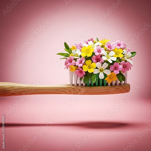 Fresh breath, fresh start a vibrant bouquet of flowers replacing toothpaste on a bamboo toothbrush for organic dental care and a bright, healthy smile