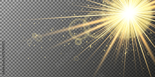 A shining golden light burst with sunbeams, lens flare, and glitter. Festive aurora with bright, shining rays. Glow, shiny, starlight, dust, white beam, sparkling, vector background effect