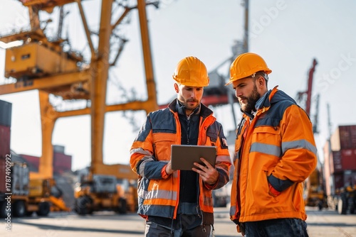 Two workers in safety gear using tablet at shipping port