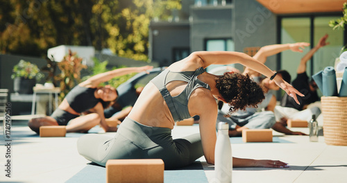 Photography Woman, trainer and yoga class for fitness, stretching or back at wellness retreat