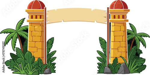 Decorative archway with twin towers, domed tops, tropical plants, palm trees, blank banner, exotic cartoon illustration for festive design