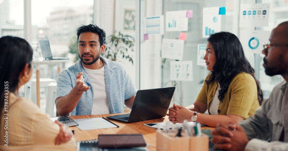 Fototapeta premium Business, team or discussion with laptop in meeting for campaign planning, KPI review or feedback. Digital marketing, people or online report for website traffic or industry trends at creative agency