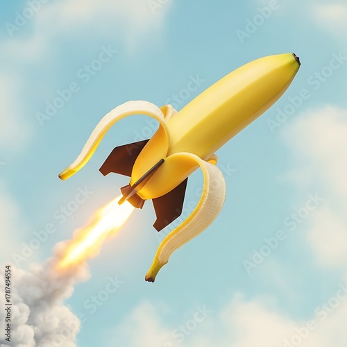 Whimsical banana rocket soaring through a vibrant sky, symbolizing innovative ideas and healthy living, perfect for a modern, playful campaign