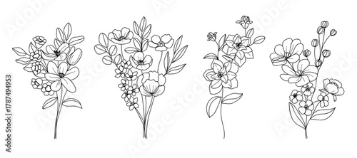minimal line flower and botanical graphic sketch drawing, trendy tiny tattoo design, floral elements vector illustration