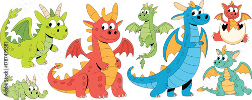 Cute cartoon dragons collection, baby dragon characters, fantasy creatures illustration, colorful mythical animals, fairytale monster design, kids fantasy art, dragon clipart