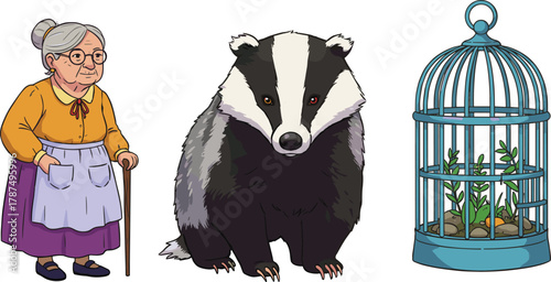 Elderly woman with walking stick, cartoon badger animal, green plants in birdcage, fairytale character illustration, fantasy wildlife and nature art