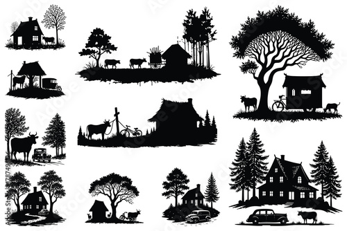 Rural village scenes with houses trees cows and vehicles