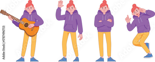 Cartoon character in different poses, playing guitar, waving hand, standing, and dancing, modern youth illustration for animation and design