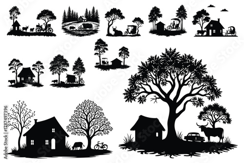 Rural village scenes with houses trees animals and vehicles