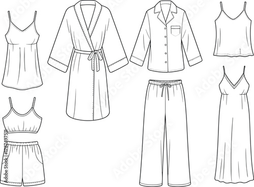 CAD drawing flat vector illustration, women sleepwear, pajamas, nightwear set, robe, camisole, shorts, pants, and nightdress fashion design template