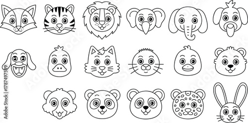 Canvas Print Cute animal faces illustration, cartoon zoo animals, adorable wildlife heads, ki