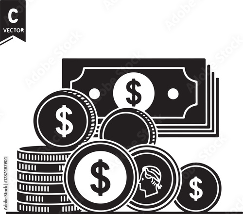 Black and white icon of U S dollar banknotes and coins money finance