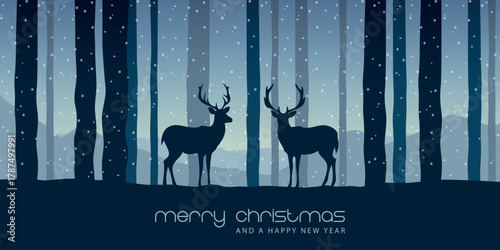 christmas winter border with deer in forest vector illustration