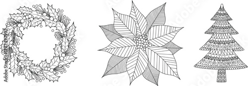 Christmas wreath illustration, poinsettia flower drawing, decorative holiday tree, festive line art, black and white coloring page design