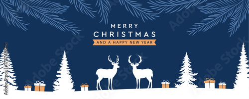 christmas winter border with deer in forest vector illustration