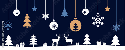 christmas winter border with deer gift and hanging decoration vector illustration