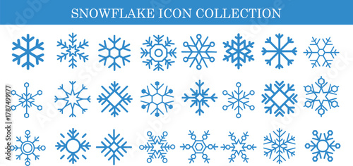 Stylish snowflake isolated icon collection vector. Perfect for winter, Christmas, and holiday designs .Modern minimal blue snowflake symbols for backgrounds, cards, patterns, and seasonal decorations.