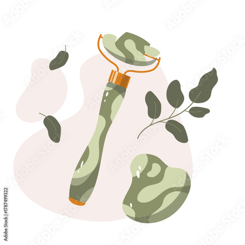 Composition of a patterned jade roller and gua sha stone surrounded by decorative eucalyptus leaves on an abstract pastel background. Skincare and self-care concept.