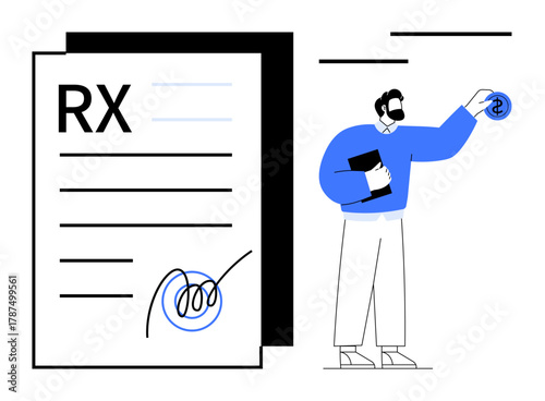 Large prescription form with a signature, person holding a notebook and dollar sign, financial focus. Ideal for healthcare, finance, pharmacy, medical consulting, insurance, budgeting patient care