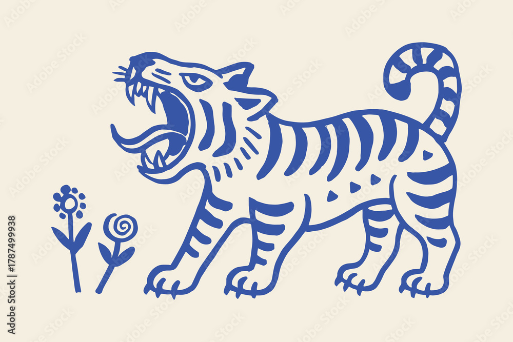 Fototapeta premium Roaring tiger with flowers — naive brush line vector