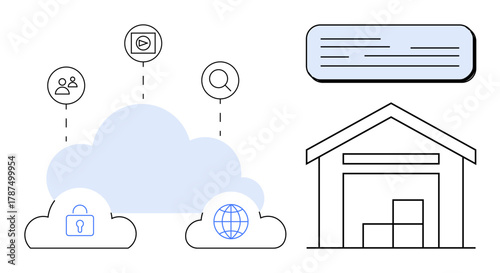Cloud with security, globe, user, search, files icons, and warehouse symbolizes data storage, safety, access file sharing. Ideal for technology logistics storage security cloud computing