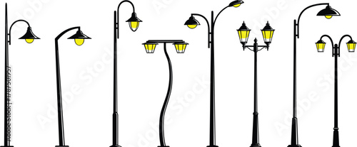 Street lamp icon set, urban lighting, vintage, modern, black pole, yellow light, minimal, outline, vector, sketch, city, design, architecture, public space, illumination, lamp post, 