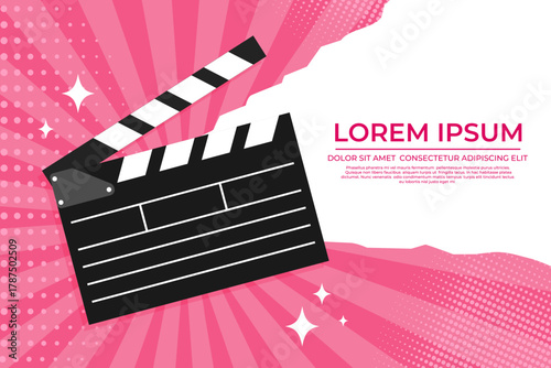 Film festival template with a clapperboard in pop art style. Cinema movie background with a film slate. Vector illustration