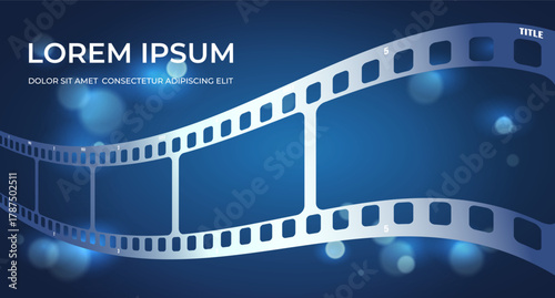 Movie film premiere template with shiny filmstrip and flashing lights on blue background. Cinema banner