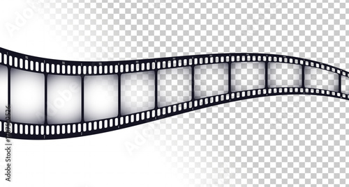 Realistic long film strip in perspective on transparent background. Movie film tape ribbon. Vector illustration