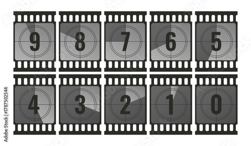 Collection of countdown film strip frames with numbers. From 9 to 0. Retro cinema movie timer counters. Vector illustration