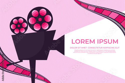Movie template design with a retro camera and film strips. Cinema movie background. Vector illustration
