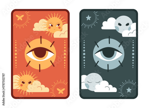 Hand drawn tarot card design with sun and moon characters and magical eye. Vector illustration