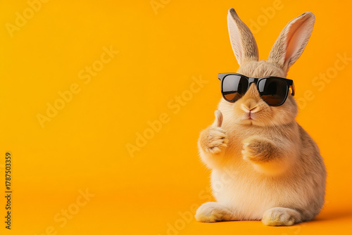 Sunglasses bunny: bunny expresses trendy coolness; adding animal humor as cool shot; portraying bunny funny charm. Its sunglasses exude coolness and trendiness; 
