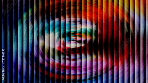 Reeded glass vertical stripes over rainbow vortex with grainy glow, abstract neon background