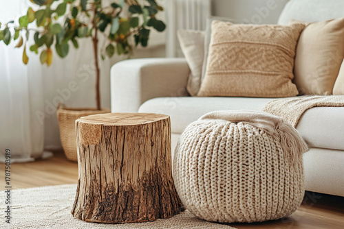Boho living room decor with beige rug, soft light, texture stool and plant. Modern interior brings earthy tone, minimalist style, calm design; home exudes organic design.