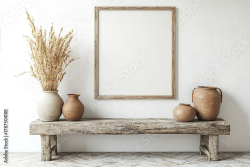 Rustic bench showcasing empty frame creating simple still life, home decor photo. Wood table and white wall adds farmhouse style texture, warm interior to rustic farmhouse home.