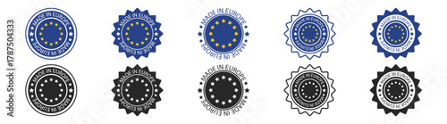 Europa Made EU Badge Label Stamp Icon Set, European Union Product Quality Certification Emblem. Vector Illustration