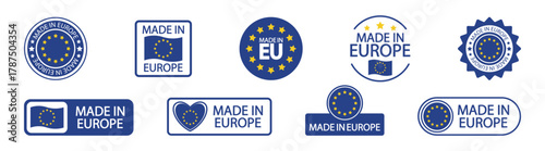 Made in EU Badge Set. European Union Quality Seal and Certification Icons. Vector Emblem and Label Collection on Transparent Background