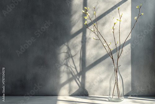 Minimalist branch in glass vase, sunlight creates abstract shadow play on white wall. Texture creates elegant neutral scene. Simple and Clean minimalist. Light highlights elegant element