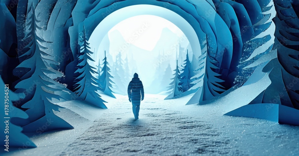 Fototapeta premium Silhouette walks toward bright light within paper forest. Winter scene evokes calm, serene atmosphere. Blue tones dominate composition.