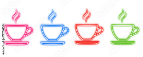 Neon glowing coffee cups vector icons set, hot beverage, steaming drink, cafe, tea, vibrant colorful digital design illustration on transparent background.